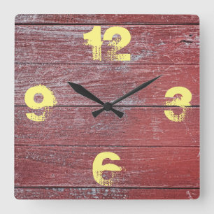 Horloge Carrée Bois Rustique Barnyard Rouge Peint.