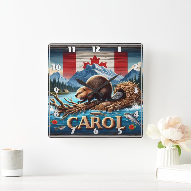 Horloge Carrée Bois rustique, Castor canadien, Océan (Maison)