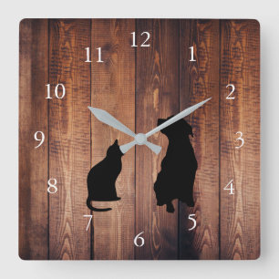 Horloge Carrée Bois rustique d'animaux familiers de silhouettes
