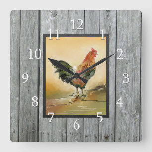Horloge Carrée Bois rustique de coq de pays