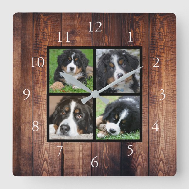 Horloge Carrée Bois rustique Famille collage photo personnalisé (Recto)