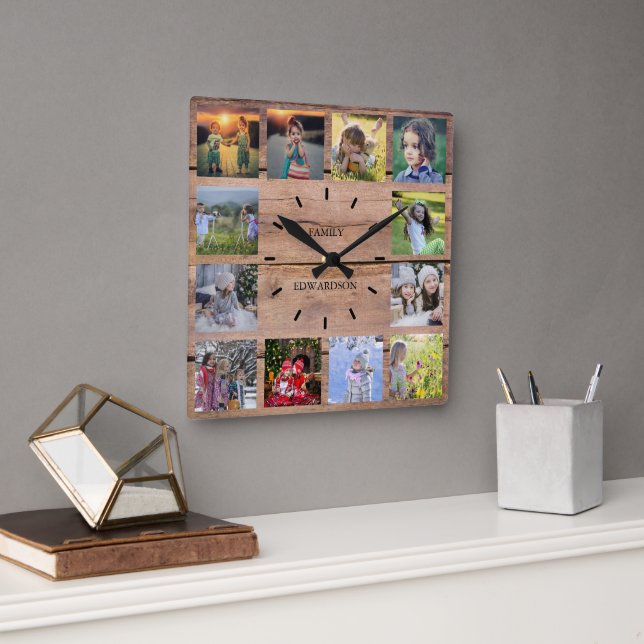 Horloge Carrée Bois rustique Famille photo collage nom monogramme (Bureau)