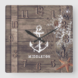 Horloge Carrée Bois rustique nautique