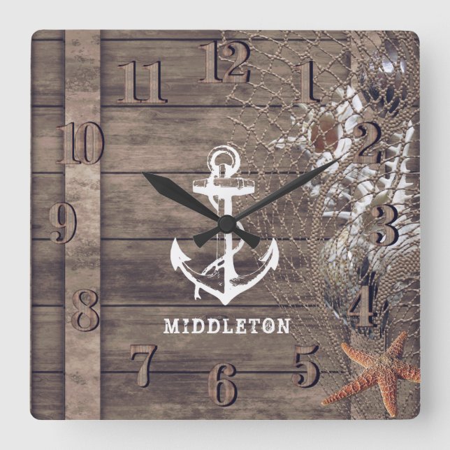 Horloge Carrée Bois rustique nautique (Recto)