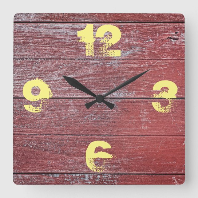 Horloge Carrée Bois Rustique Rouge Barnyard Peint Bois. (Recto)