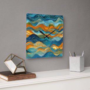 Horloge Carrée "Bolonia" Bleu Vert Orange Vagues