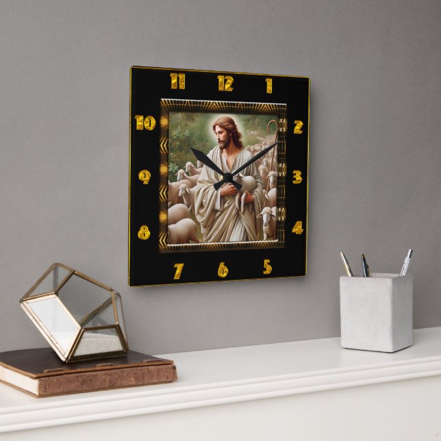 Horloge Carrée Bon Pasteur Jean 10:7 L'Art Fidèle Du Berger (Bureau)