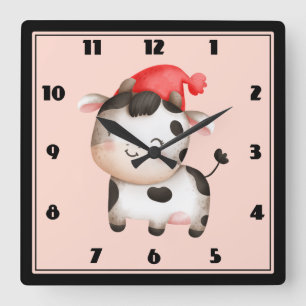 Horloge Carrée Bonne vache avec un Casquette rouge mignon