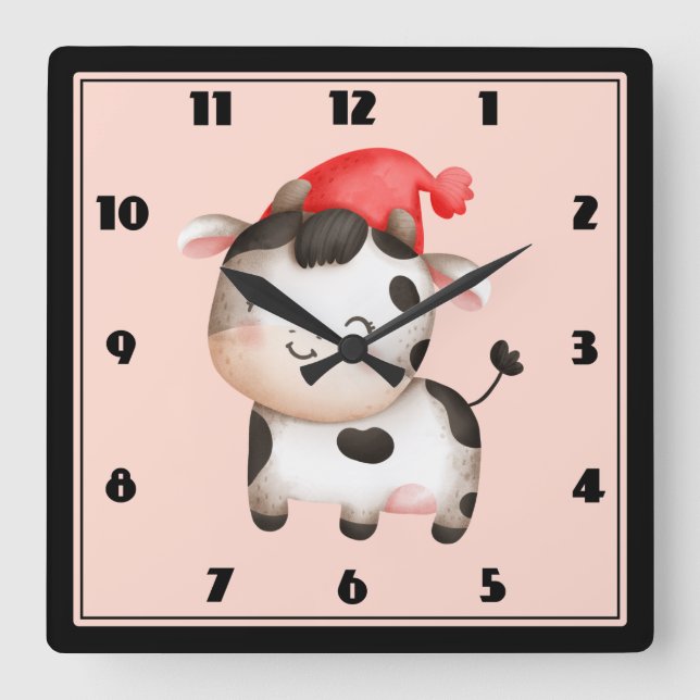 Horloge Carrée Bonne vache avec un Casquette rouge mignon (Recto)