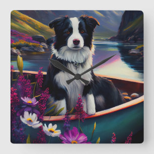 Horloge Carrée Border Collie sur une pagaie : Une aventure pittor