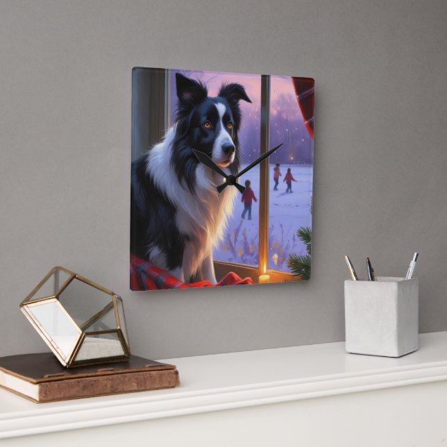 Horloge Carrée Border Collie With Christmas Lights Holiday (Bureau)