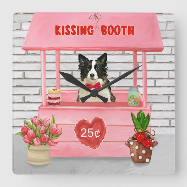 Horloge Carrée Bordure Collie Chien Saint Valentin Baiser Booth (Recto)