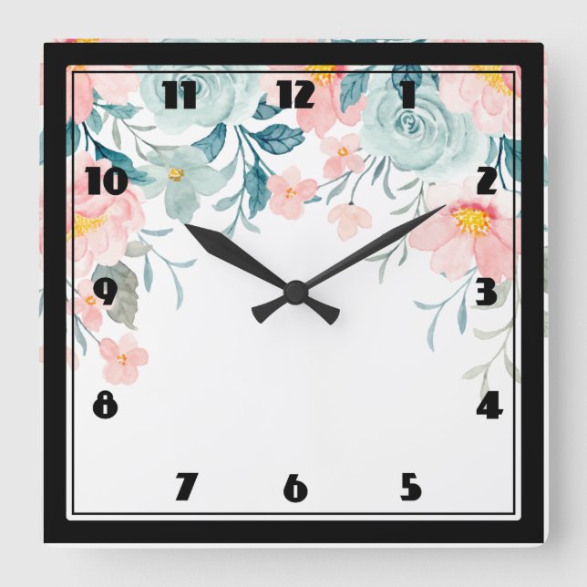 Horloge Carrée Bordure florale rose et verte (Recto)
