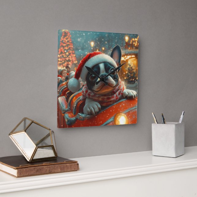 Horloge Carrée Boston Terrier Dog Roller Dessous de verre Noël (Bureau)