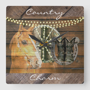 Horloge Carrée Bottes de cow-boy de la roue du cheval occidental