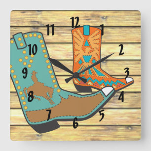 Horloge Carrée Bottes de cowboy dans orange et bleu