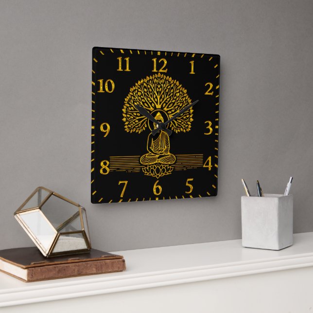 Horloge Carrée Bouddha d'or sous l'arbre avec fleurs de Lotus (Bureau)