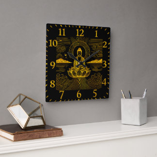 Horloge Carrée Bouddha élégant entouré de vagues et de montagnes