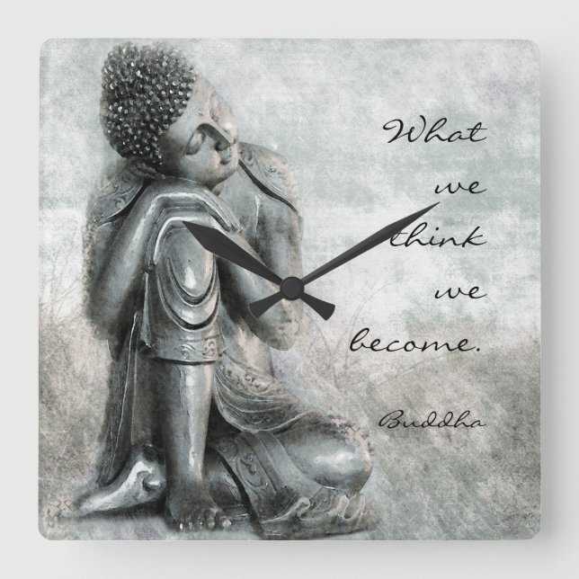 Horloge Carrée Bouddha Silver Paisible Avec Citation Sage (Recto)