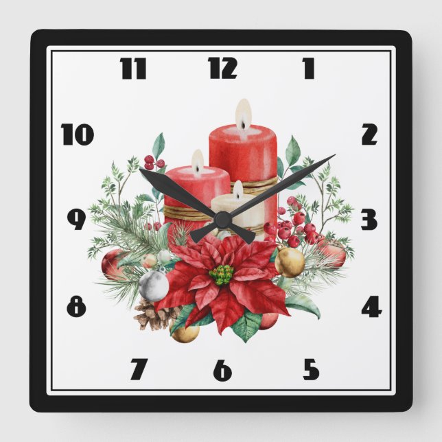 Horloge Carrée Bougies aquarelles et Noël de Poinsettia (Recto)