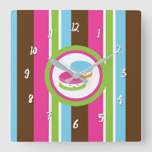 Horloge Carrée Boulangerie Colorée Mignonne Macarons Fun Stripes