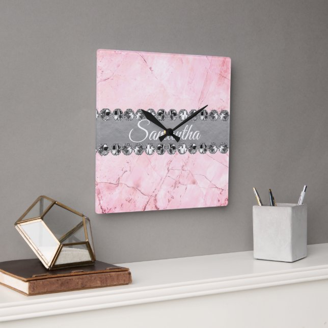 Horloge Carrée Boule diamant en marbre rose            (Bureau)