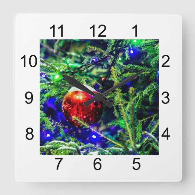 Horloge Carrée Boule rouge arbre de Noël vert (Recto)