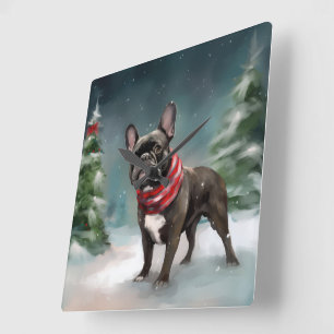 Horloge Carrée Bouledogue français dans la neige de Noël