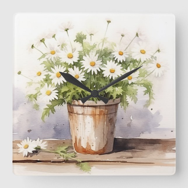 Horloge Carrée Bouquet Aquarelle Daisy En Pot (Recto)