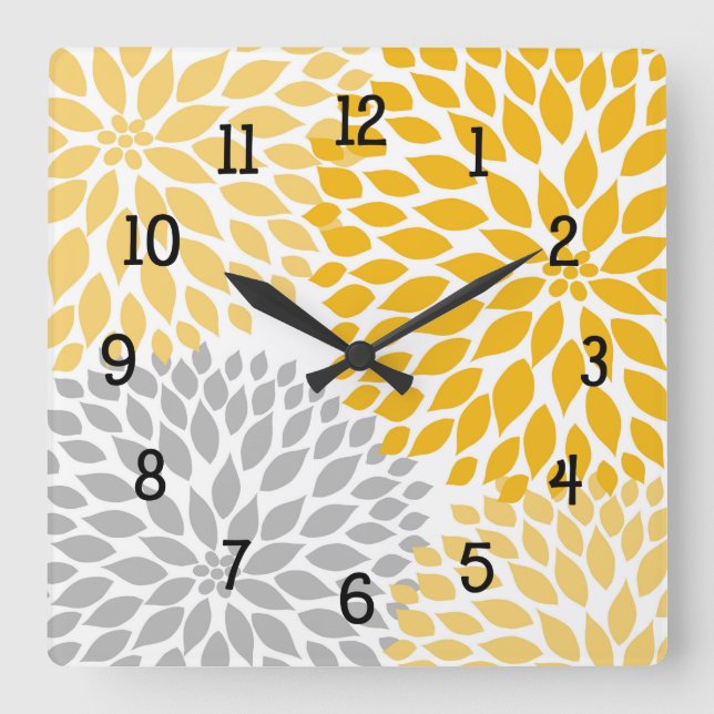 Horloge Carrée Bouquet Dahlia, moutarde jaune gris floral (Recto)