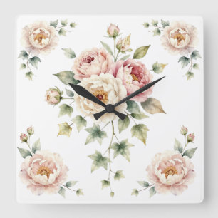 Horloge Carrée Bouquet de Pivoines Douces Élégance Aquarelle