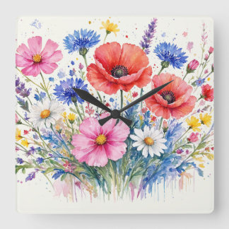 Horloge Carrée Bouquet de prairie de fleurs sauvages à l'aquarell