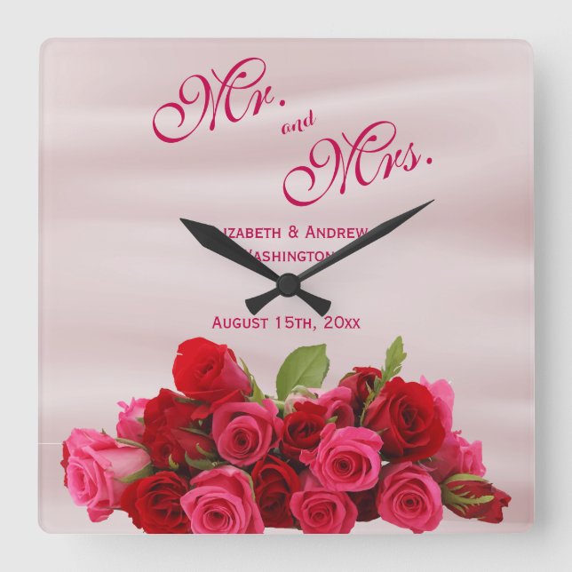 Horloge Carrée Bouquet Du Mariage Romantique Roses Rouges (Recto)