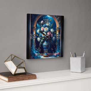 Horloge Carrée Bouquet Floral Glorieux Sous Un Ciel Lune
