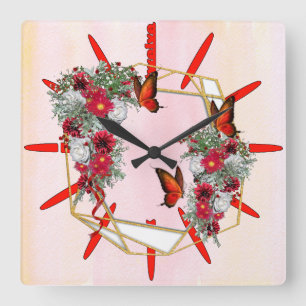 Horloge Carrée Bouquets de roses blanches, bleues et bordeaux
