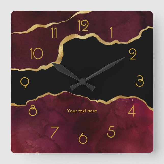 Horloge Carrée Bourgogne et Or Agate personnalisé (Recto)