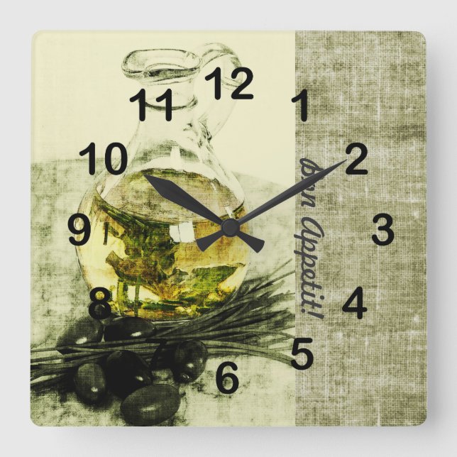 Horloge Carrée Bouteille d'huile d'olive cuisine vie morte (Recto)