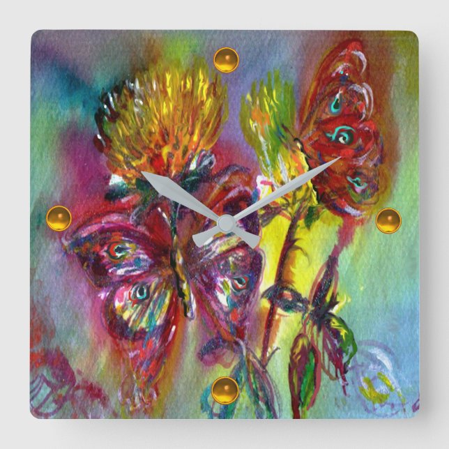 HORLOGE CARRÉE BOUTEILLES ROUGES SUR THISTLES JAUNES, CIEL BLEU F (Recto)