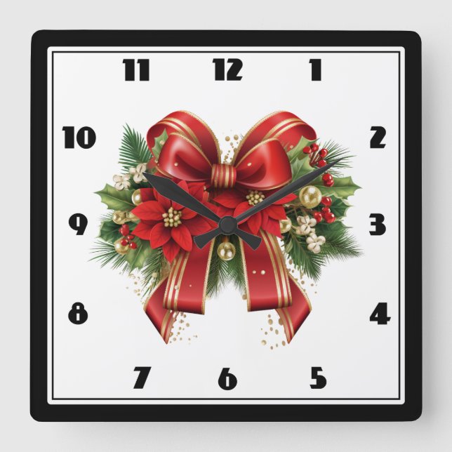 Horloge Carrée Bow de Noël Festif Rouge et Or (Recto)