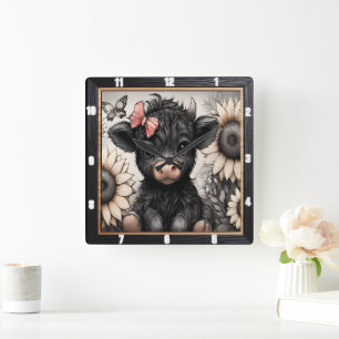 Horloge Carrée Bow de tournesol de Calf Highland