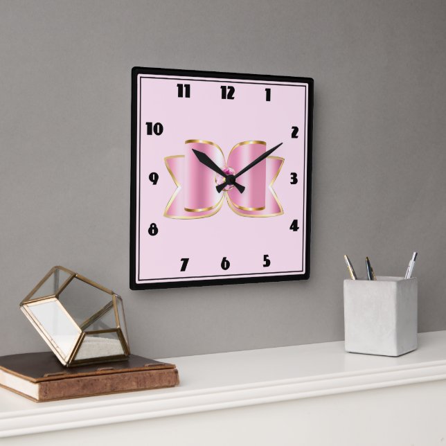 Horloge Carrée Bow en verre rose avec pierre centrale (Bureau)