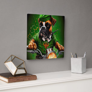 Horloge Carrée Boxer Chien Conduite Vélo St. Patrick's Day