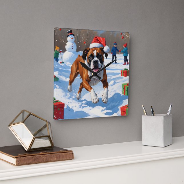 Horloge Carrée Boxer Christmas Festive Scène de neige (Bureau)