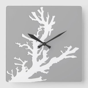 Horloge Carrée Branche de corail - blanc sur gris argenté