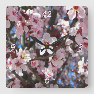 Horloge Carrée Branche de fleurs roses Printemps Floral