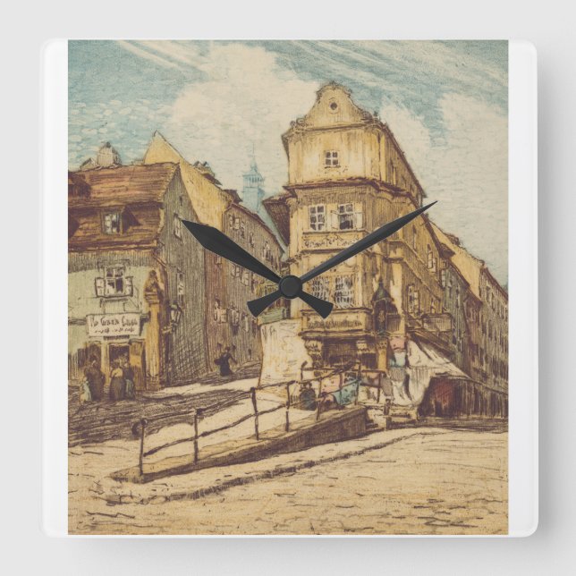 Horloge Carrée Bratislava par Richard Lux Siècle Eau-forte coloré (Recto)