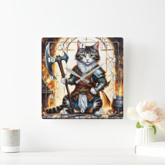 Horloge Carrée Brave Chat Warrior dans l'armure médiévale
