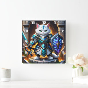 Horloge Carrée Brave Chat Warrior en Armure d'Imaginaire par Cast