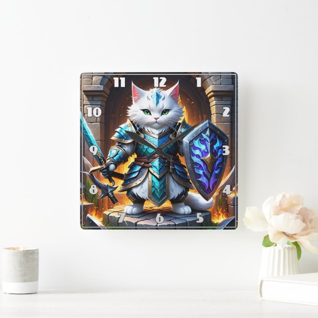 Horloge Carrée Brave Chat Warrior en Armure d'Imaginaire par Cast (Maison)