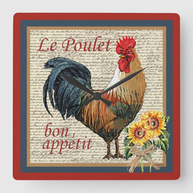 Horloge Carrée Brick Rouge Français Country Cuisine-Rooster (Recto)